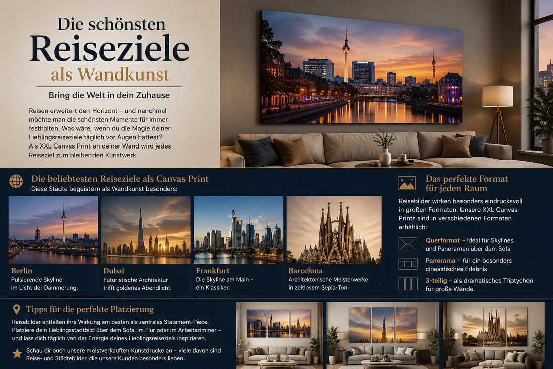 Modernes Wohnzimmer mit großen Leinwandbildern berühmter Reiseziele wie Berlin, Dubai, Frankfurt und Barcelona. Die stilvollen Stadtmotive hängen als XXL Prints über Sofas und zeigen Skylines bei Sonnenuntergang in eleganter Atmosphäre.