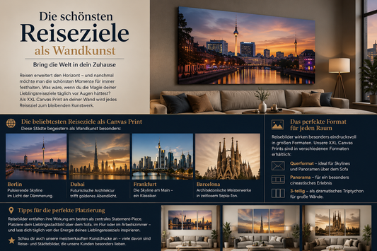 Modernes Wohnzimmer mit großen Leinwandbildern berühmter Reiseziele wie Berlin, Dubai, Frankfurt und Barcelona. Die stilvollen Stadtmotive hängen als XXL Prints über Sofas und zeigen Skylines bei Sonnenuntergang in eleganter Atmosphäre.