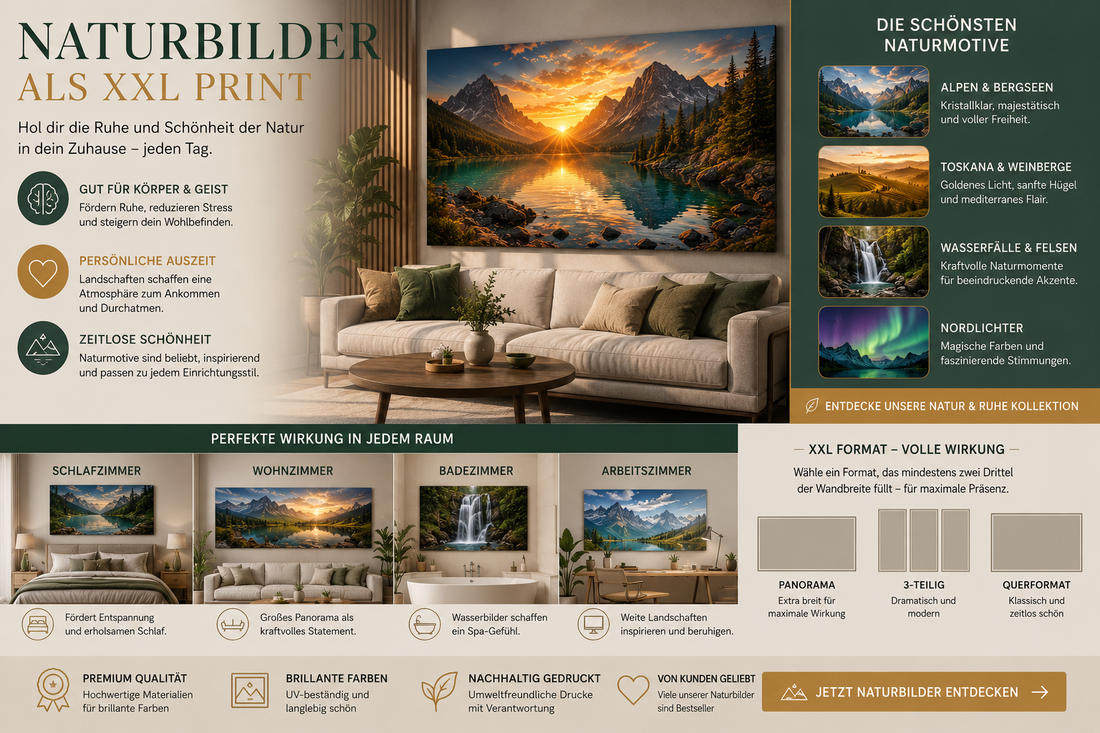 Werbegrafik für XXL-Naturbilder als Wandkunst mit Bergseen, Wasserfällen, Nordlichtern und Landschaftsmotiven in modern eingerichteten Wohnräumen.