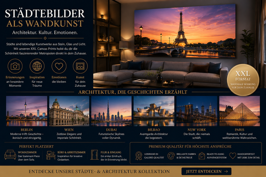 Werbegrafik für XXL-Städtebilder mit berühmten Skylines und Architekturmotiven wie Paris, Berlin, Dubai und New York in modernen Wohnräumen.