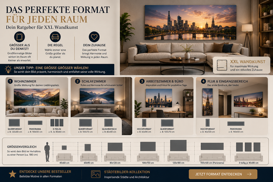 Moderne Infografik zur Wahl der richtigen XXL-Wandbildgröße mit Wohnraumbeispielen für Wohnzimmer, Schlafzimmer, Büro und Flur.